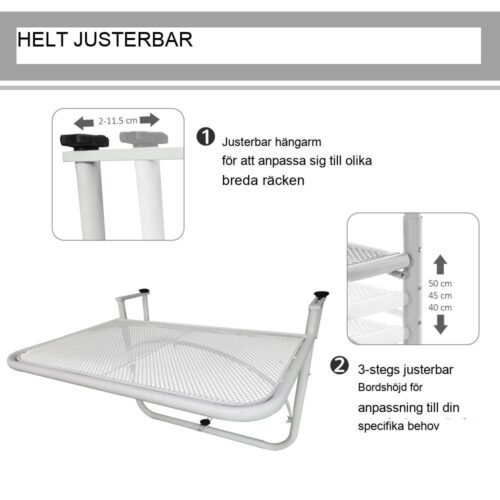 Vit Justerbart Hängande Balkongbord Metall 60×56,5cm för Trädgårdsterrass