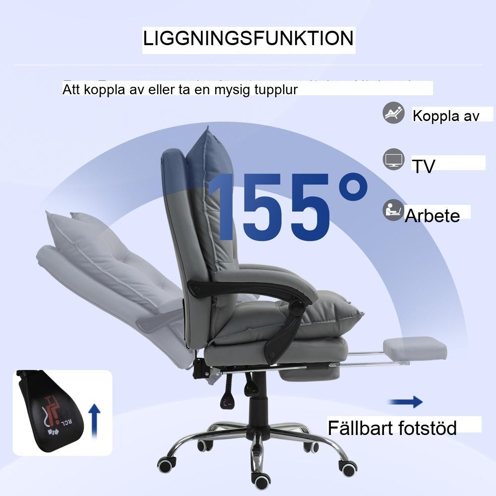 Ergonomisk liggande kontorsstol med fotstöd, justerbar höjd och mörkgrå klädsel