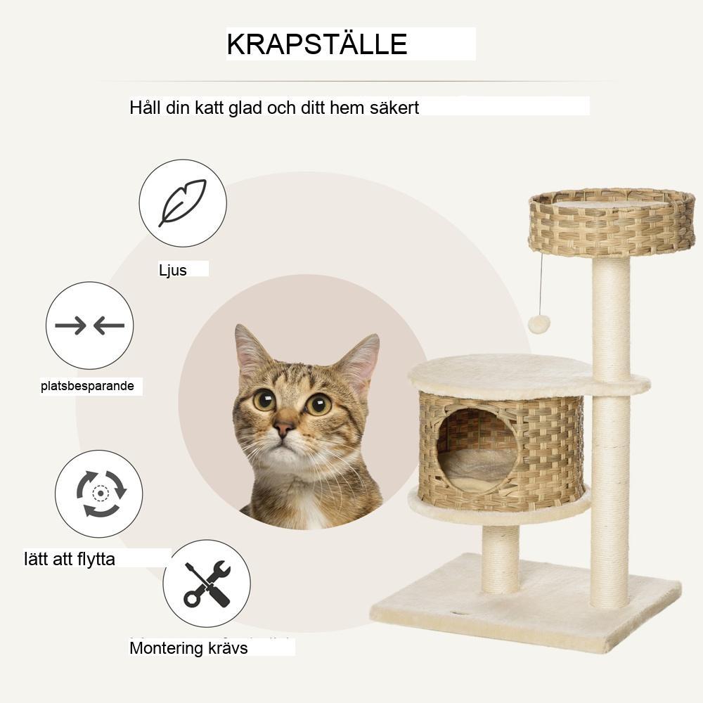 Naturlig rottingkattskrapstolpe med grotta och bollleksak för små katter