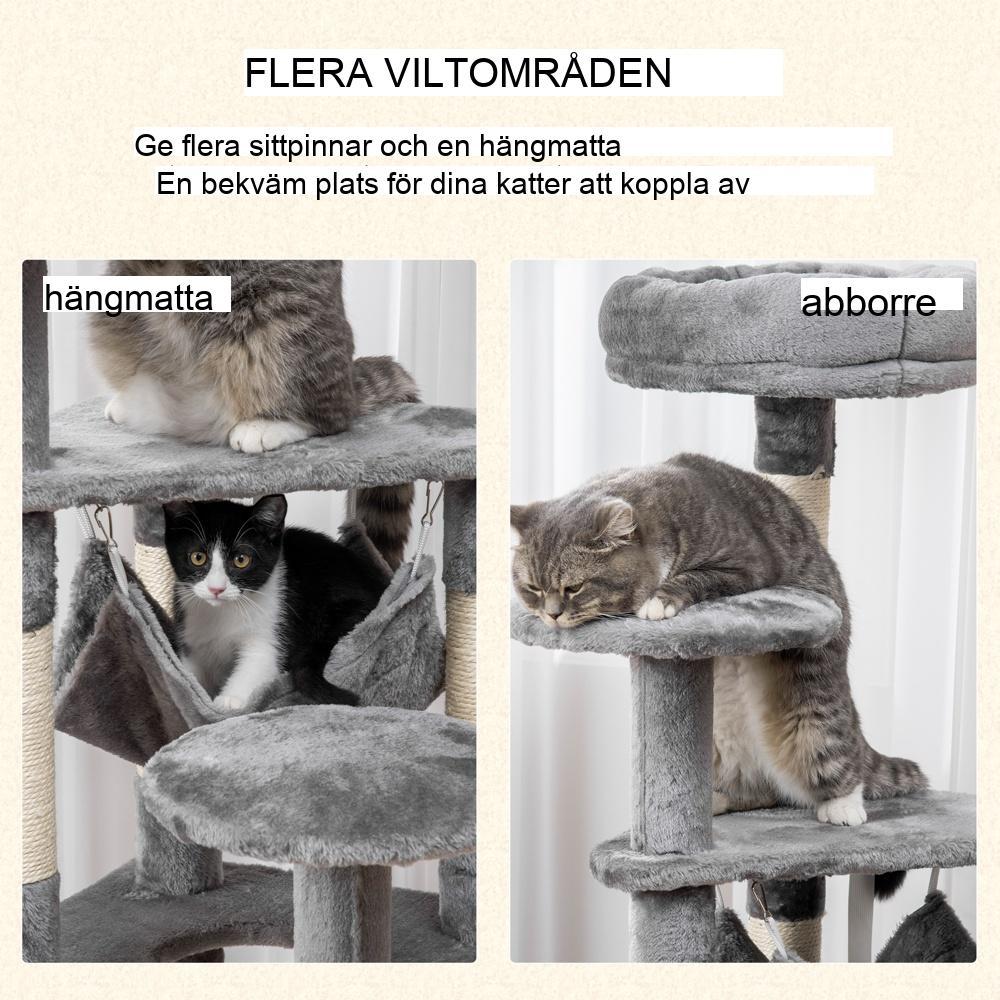 Grå kattträd med plattformar Hängmatta skrapstolpe L40 x B40 x H132cm