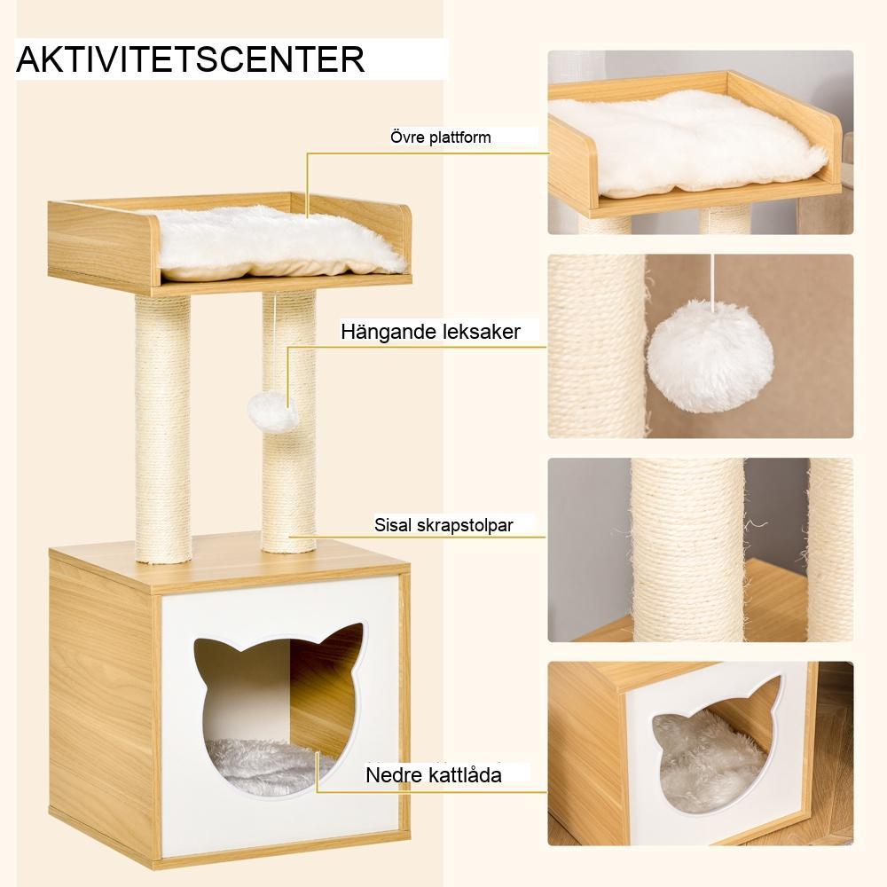 Modernt katttorn med grotta, kuddar och skrapstolpe – 35x35x81cm