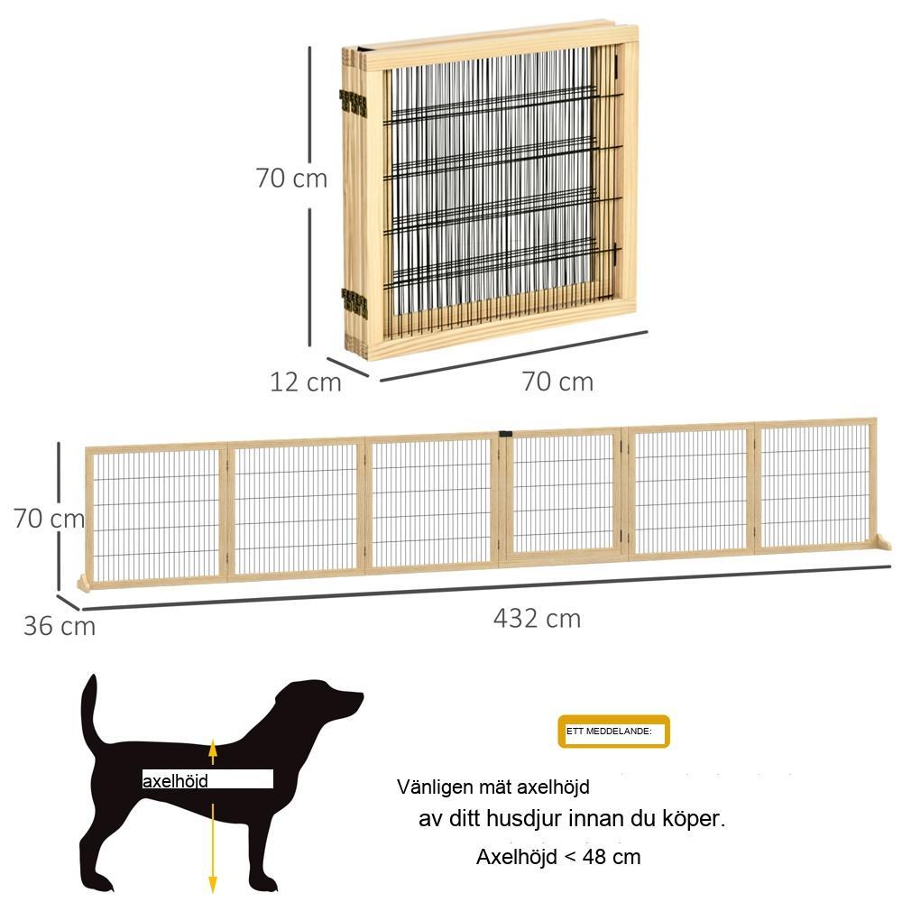 Träspärrport för husdjur, hopfällbar, säkerhetsstängsel för hundar, furu och metall, 432 cm