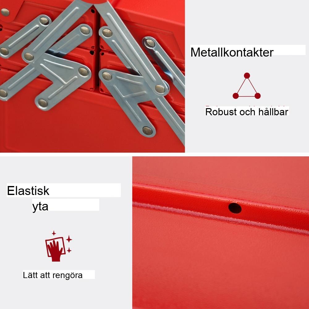 Fällbar verktygslåda i stål med 5 fack – Röd – 45×22,5×34,5 cm