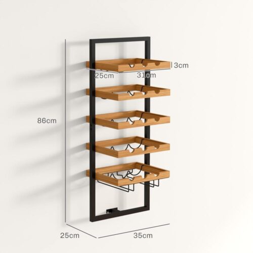 Väggmonterat vinställ rymmer 15 flaskor och 4 glas – Brown Pinewood Design