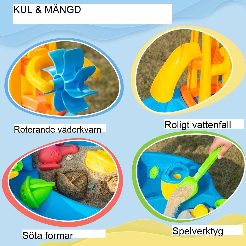 Vatten- och sandlekbord med 25-delade leksaker och justerbart parasoll