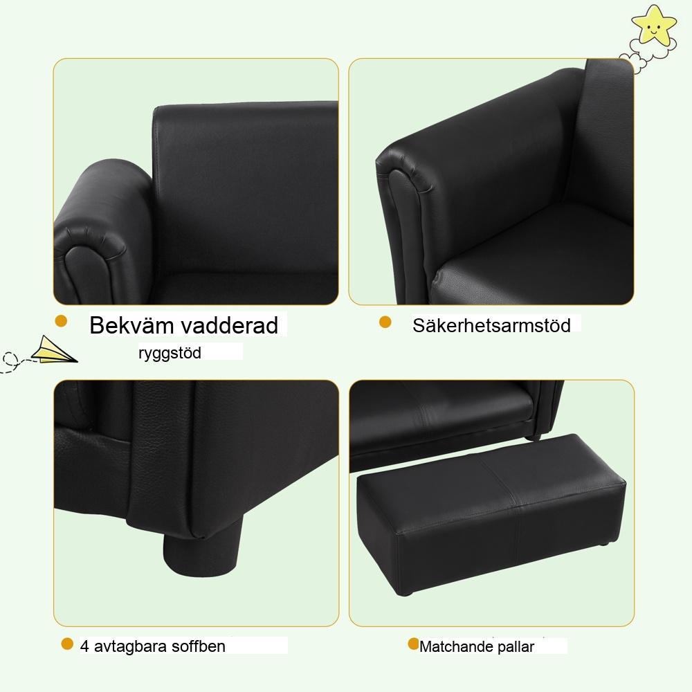 Svart barnsoffa och ottomanskt set – bekväm barnsoffa för åldrarna 1,5-3