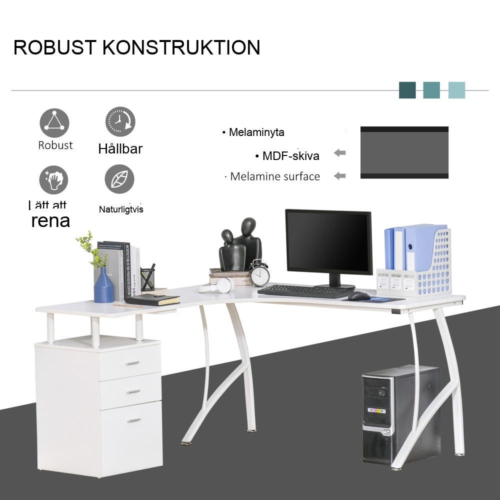 Vitt L-format hörnskrivbord med lådor, kontorsmöbler i industriell stil