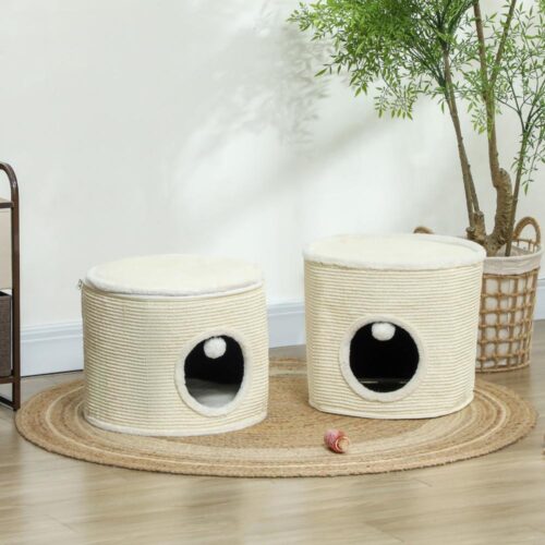 Creme White Cat Barrel Tower med 2 grottor, skrapstolpar och lekbollar (upp till 5 kg)