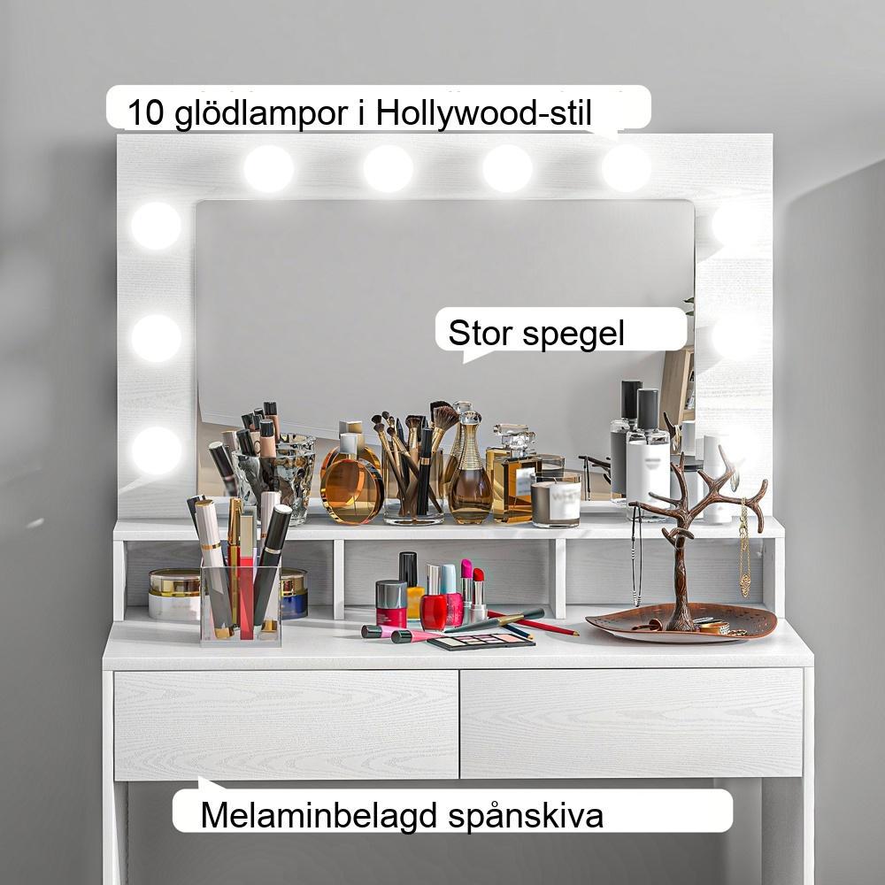 Vitt sminkbord med LED Hollywood-spegel och justerbar belysning