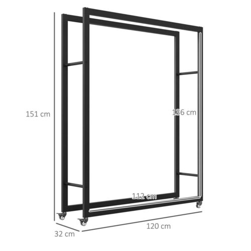 Vedställ i svart metall med hjul, förvaring inomhus/utomhus
