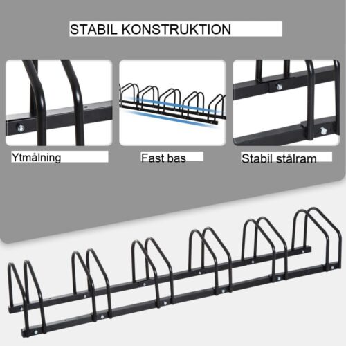 Slitstarkt cykelställ i stål, rymmer 6 cyklar, väderbeständigt, kan monteras på vägg och golv