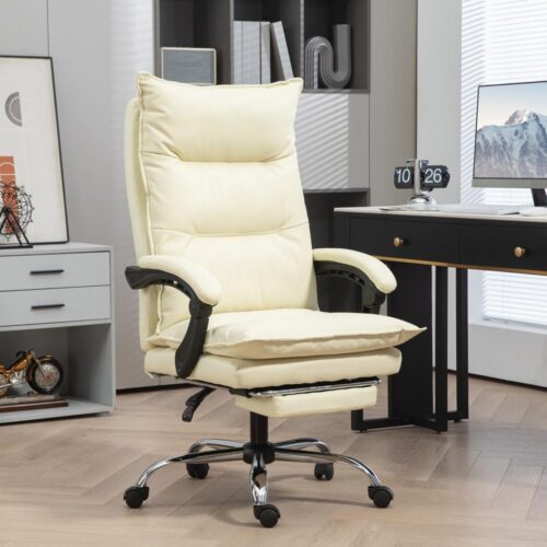 Beige ergonomisk kontorsstol, höjdjusterbar, lutande med fotstöd