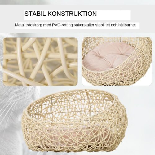 Snygg Rotting Cat Cave Bed med Dyna, Beige, Ø56cm