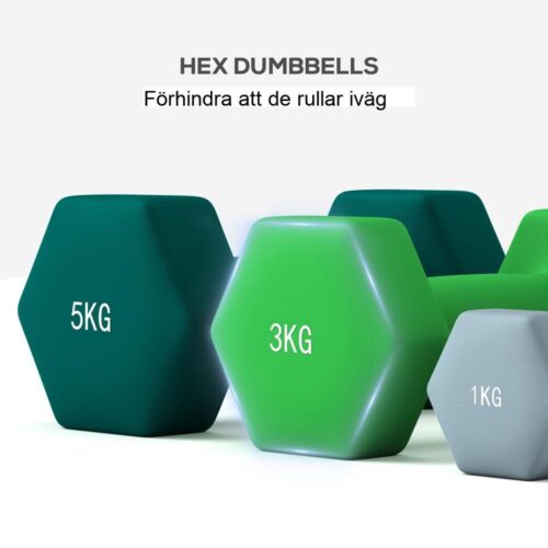 Hexagon hantelset med stativ – 6 vikter (1 kg, 3 kg, 5 kg) för hemmagym