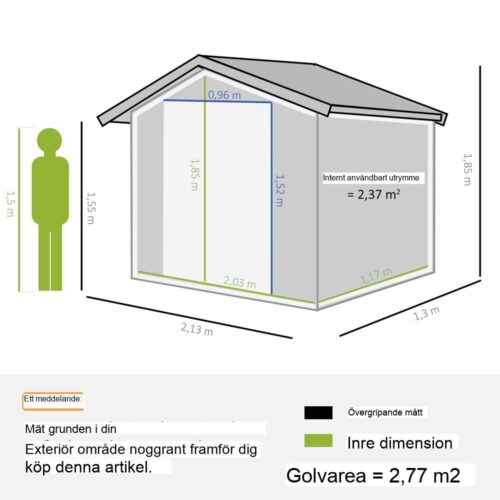 Verktygsskjul i kolgrå stål med skjutdörrar och golvram – 213x130x185cm