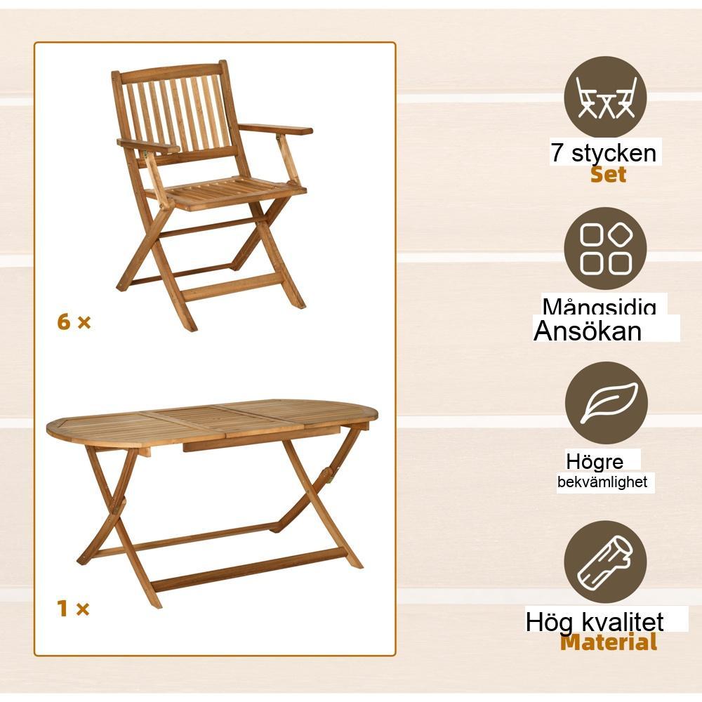 Naturträ 7-delad matsalsset, paraplyhål, utemöbler för 6 personer