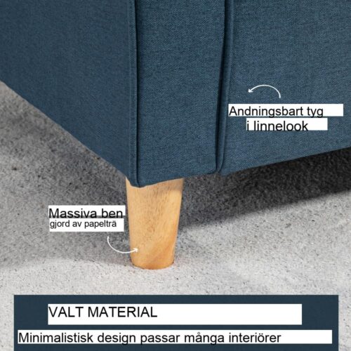 Blå modern soffa i linnelook med träben, 2-sits soffa