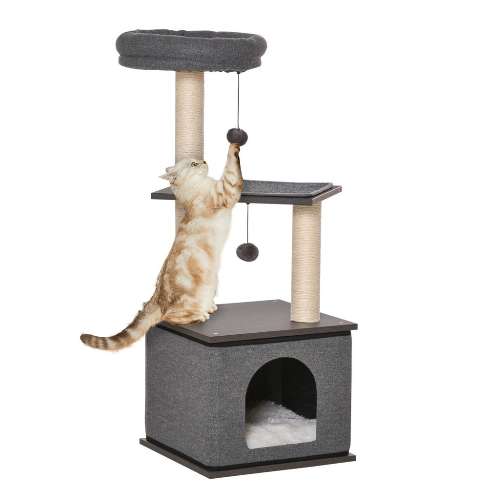 Multi-Level mörkgrå Sisal Cat Scratching Post med lägenhet, bollar och säng