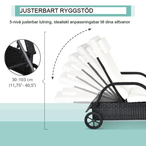 Svart mobil trädgårdsstol i polyrattan med justerbart ryggstöd och dyna