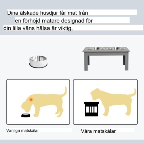 Upphöjd hundmatningsstation med två skålar i rostfritt stål grå