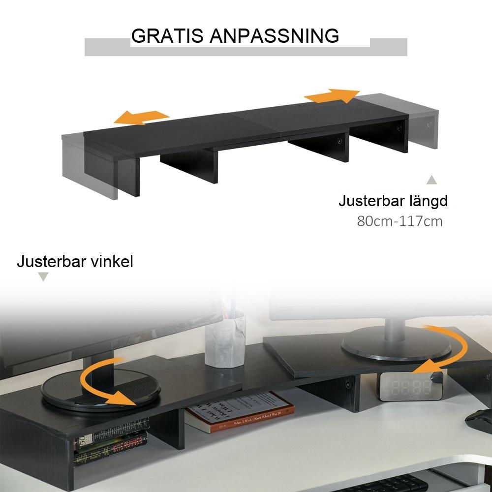 Justerbart dubbelskärmstativ med trähylla och förvaring