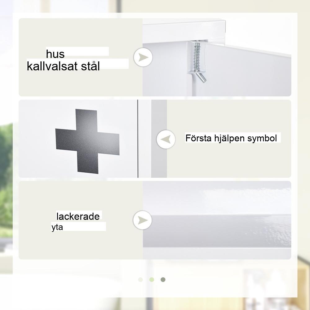 Vitt väggmonterat medicinskåp med magnetisk stängning och 3 fack