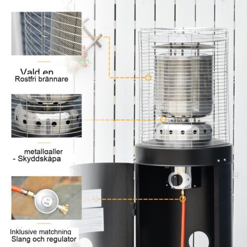 Uteplatsvärmare i rostfritt stål med hjul, justerbar värme, säkerhetsfunktioner utomhusbruk