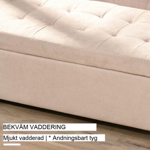 Elegant stoppad bänk med förvaring, beige linnelook