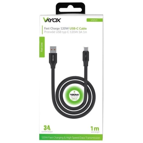 Vayox 120W 3A USB till USB-C snabbladdningskabel, svart, 1 meter