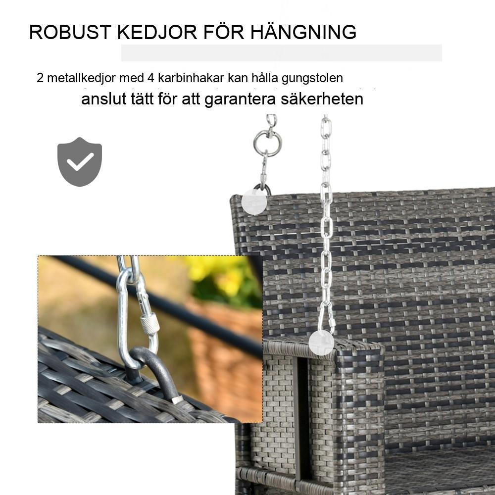 Grå hängbänkgunga i rotting för 2, dämpad trädgårdsverandagunga 127×57,5 cm