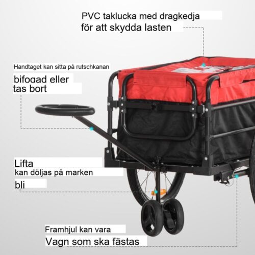 Röd 2-i-1 cykelvagn och vagn med förvaringsväska, reflektorer, 40 kg kapacitet