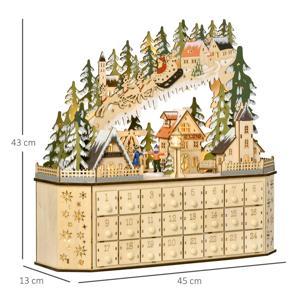 LED-adventskalender i trä med byscen och 24 lådor