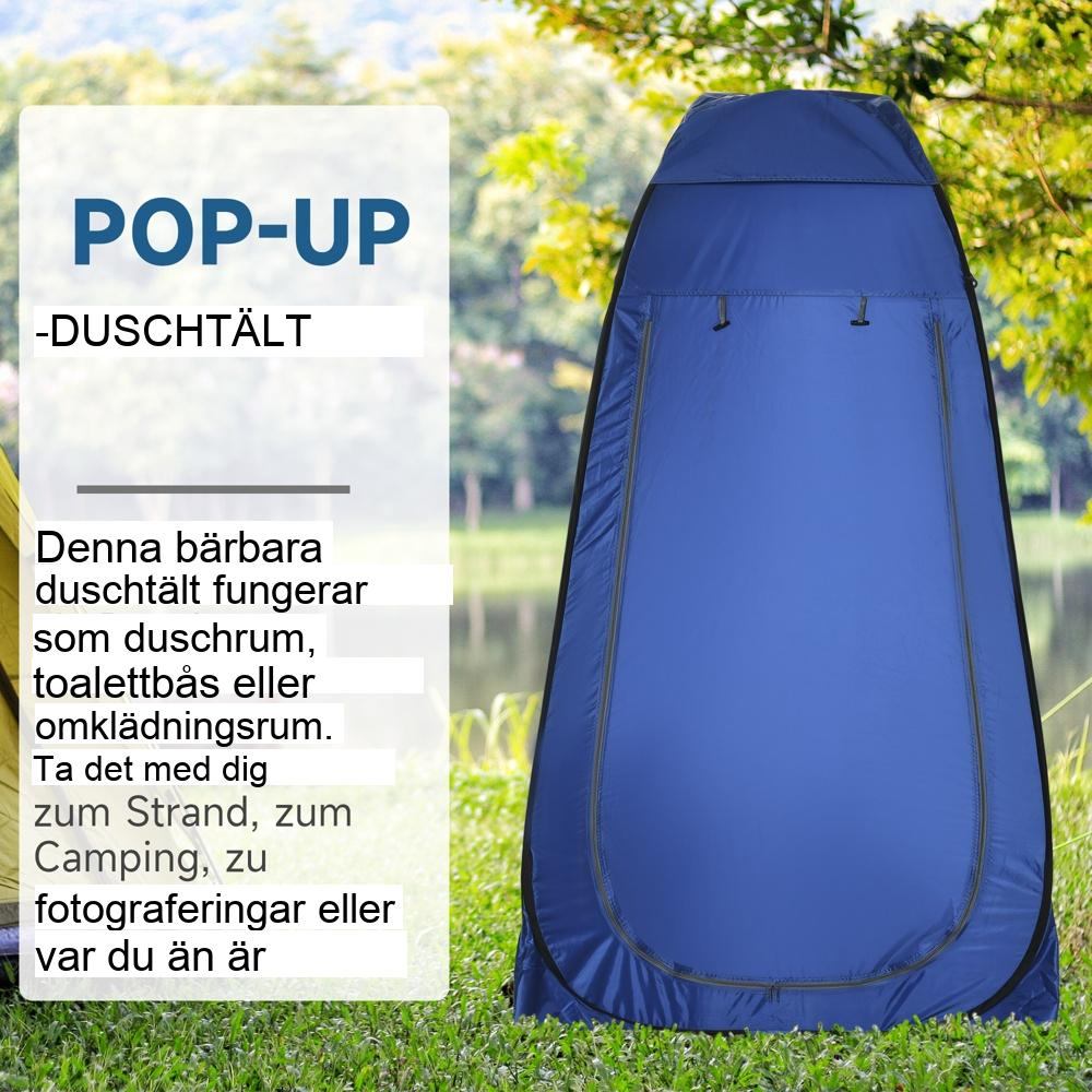 Bärbart pop-up duschtält, omklädningsrum med förvaringsfickor