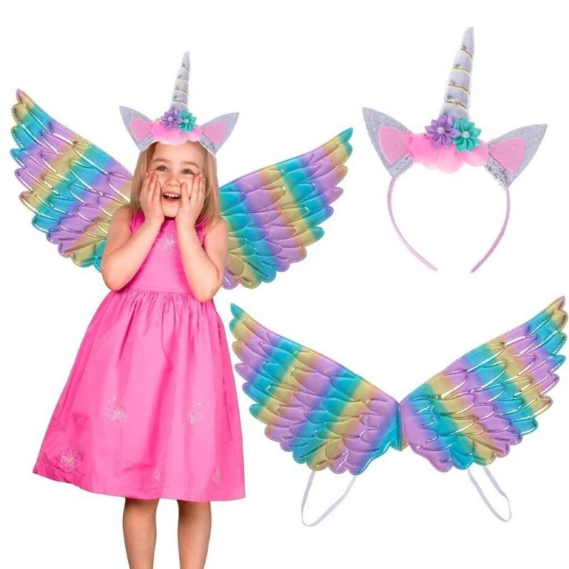 Rainbow Unicorn Wings och pannbandskostym för barn