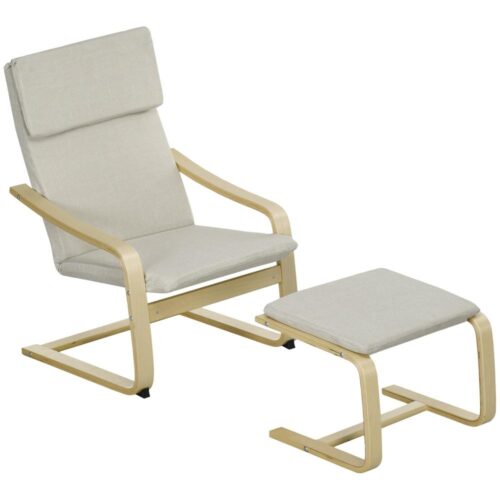 Cream White Linne Lounge Chair Set med pall, armstöd och nackstöd