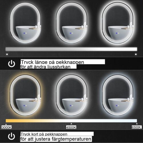 LED badrumsspegel, Touch Switch, 3 ljusfärger, Anti-dimma, IP44, 70x50cm