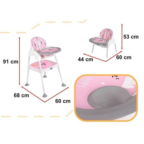 Rosa 3-i-1 konvertibel matningsstol, barnstol och bordsset med säkerhetssele (6-36 månader)