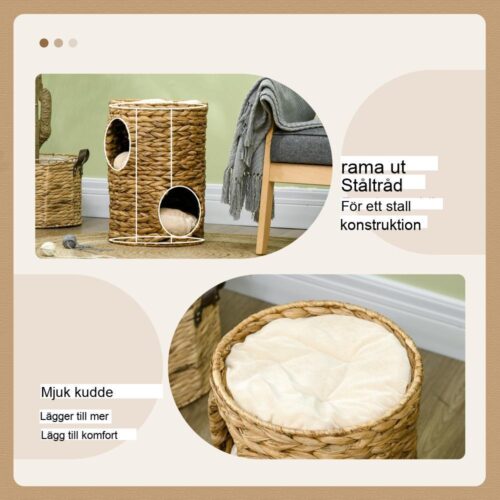 Natural Water Hyacinth Cat Scratching Tower med kudde, 47 cm högt