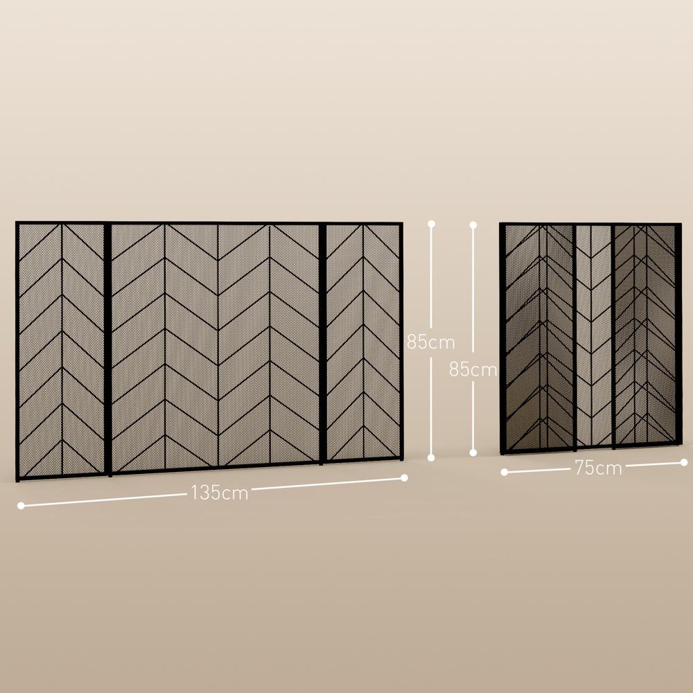 Svart eldstadsskydd i stål, hopfällbart med fiskbensdesign, gnistskärm