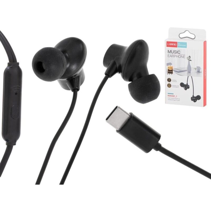 L-BRNO Type-C in-ear-hörlurar med tråd – svart, 120 cm kabel