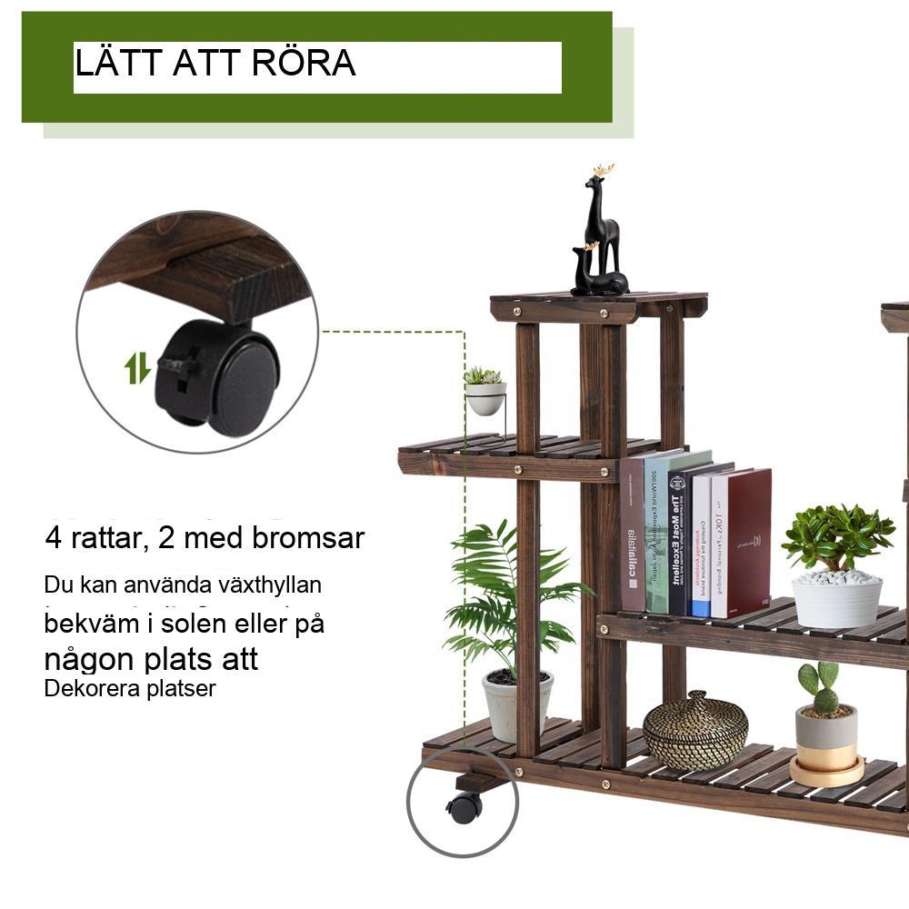 Hylla för växtställ i förkolnat trä, mobilt 6-hylls blomsterställ med bromsar för inredning inomhus/utomhus