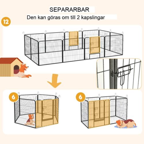 Hundlekhage i stål med 12 paneler med dörrar, anpassningsbart valputrymme för medelstora hundar och kaniner