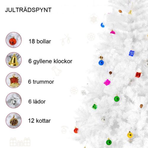 Vit 180cm konstgjord julgran med stativ och dekorationer