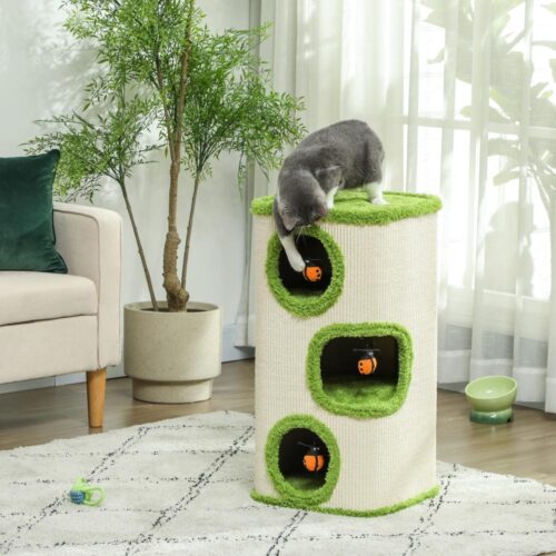 Green+Cream Cat Scratching Barrel Tower med 3 grottor och leksaker