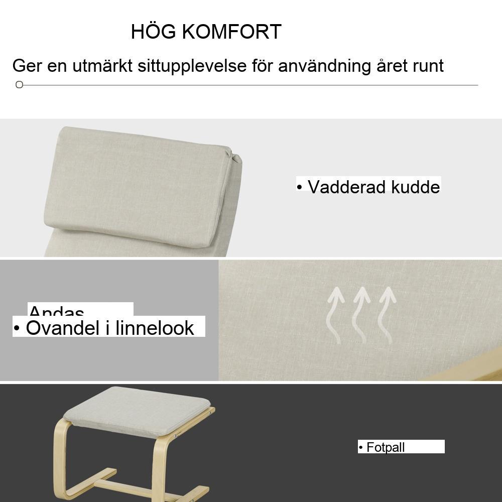 Cream White Linne Lounge Chair Set med pall, armstöd och nackstöd