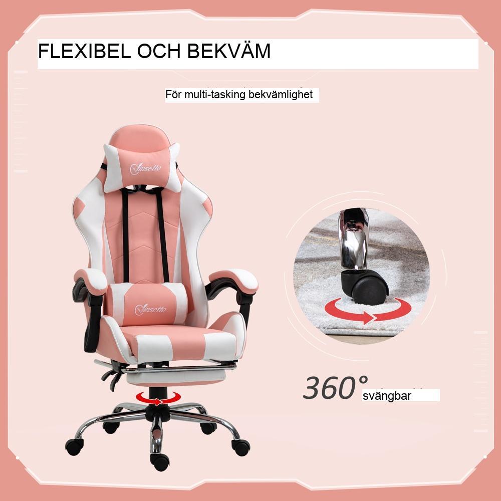 Ergonomisk spelstol med nackstöd, svankstöd, höjdjusterbar, rosa och vit