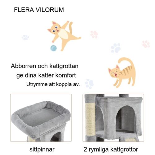 Ljusgrå kattträd med sisalskrapstolpar och plyschgrottor (upp till 30 kg)