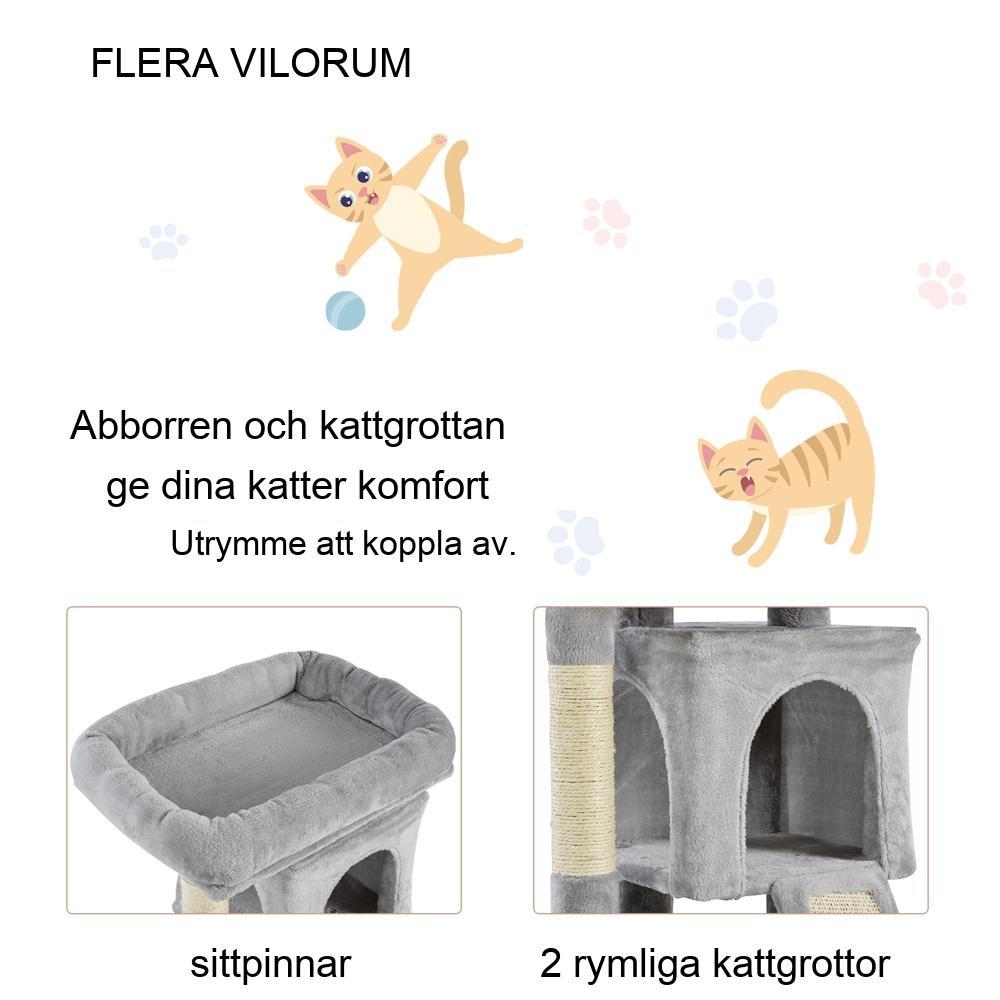 Ljusgrå kattträd med sisalskrapstolpar och plyschgrottor (upp till 30 kg)