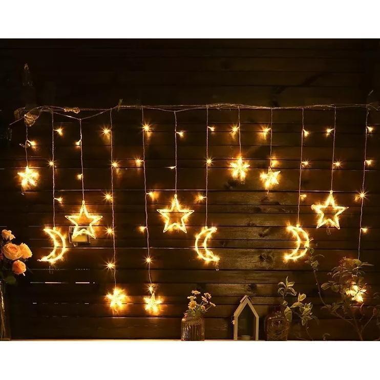 LED Moon and Star Curtain Lights 2,5M Varmvit, 138 LEDs för juldekoration