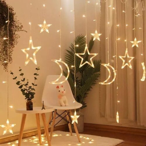 LED Moon and Star Curtain Lights 2,5M Varmvit, 138 LEDs för juldekoration